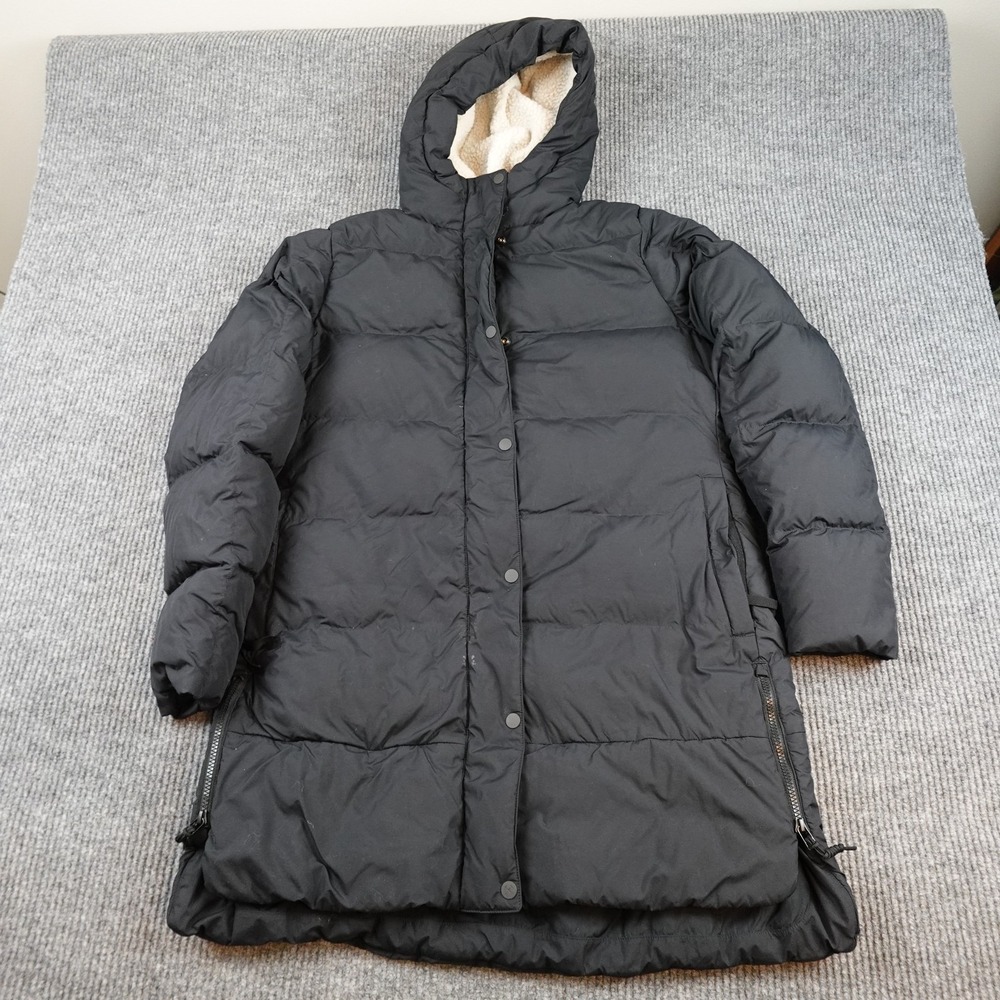 REI Campwell Down Parka Jacket Womens Large Black Hooded Long Puffer Full Zip